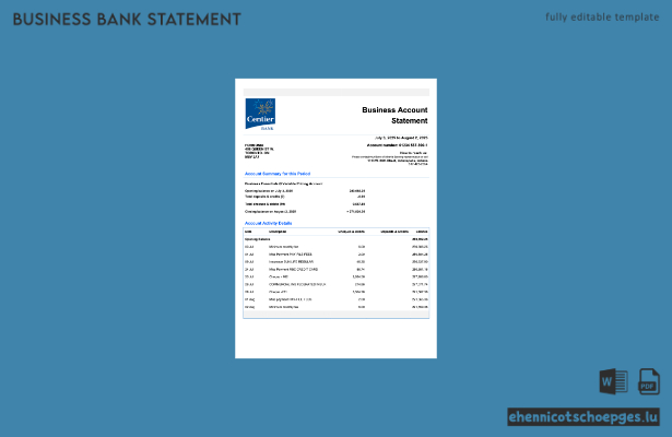 USA Indiana Centier Firmenkontoauszug Word- und PDF-Beispielvorschau